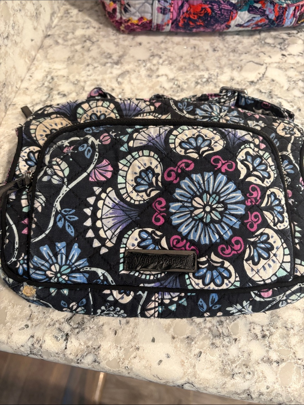 Quilted Floral Crossbody Bag - Black with Blue & Pink Floral Print